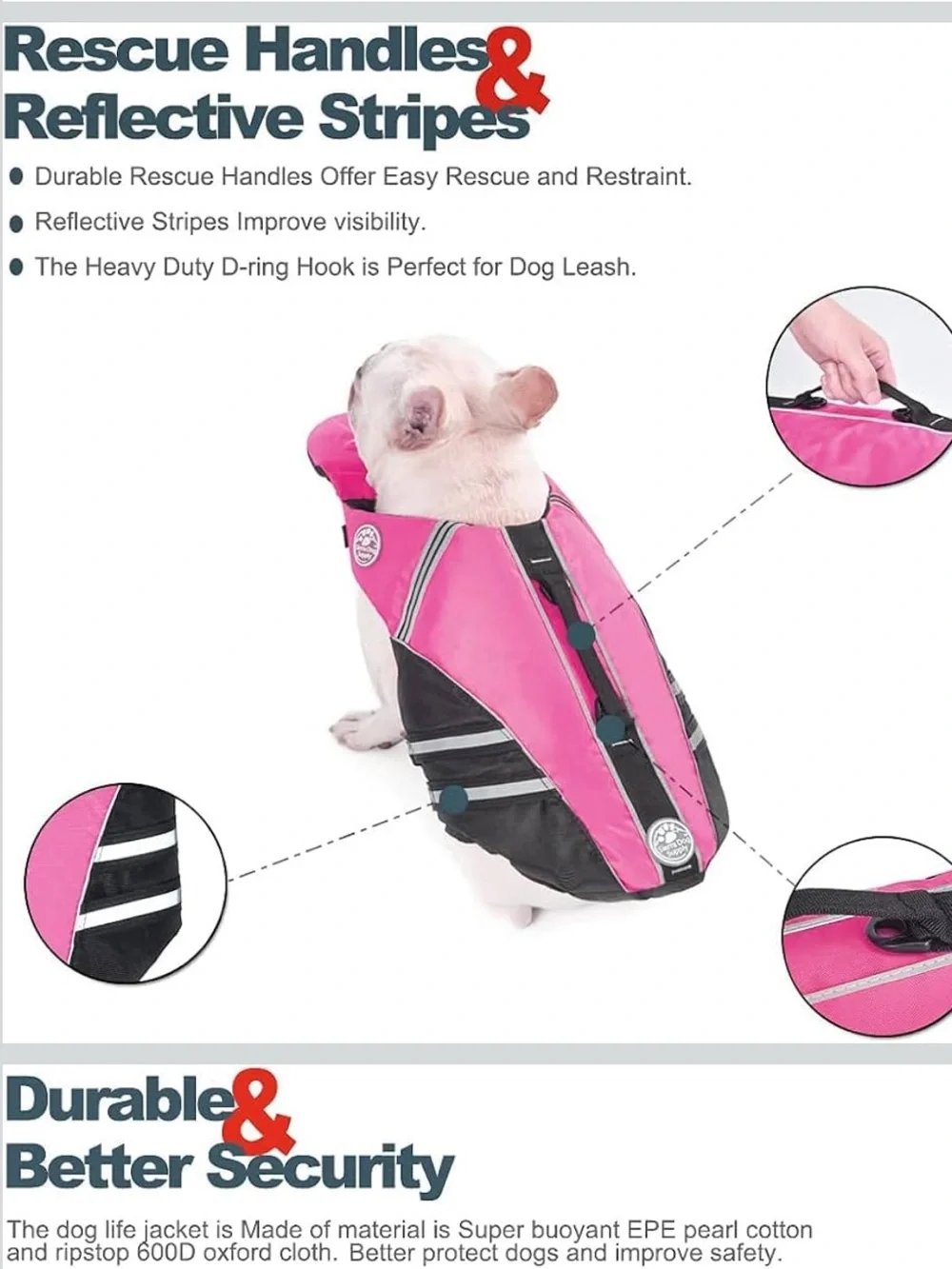 Sierra Dog Supply Large Dog Reflective Pink Dog Life Jacket with Rescue Handle